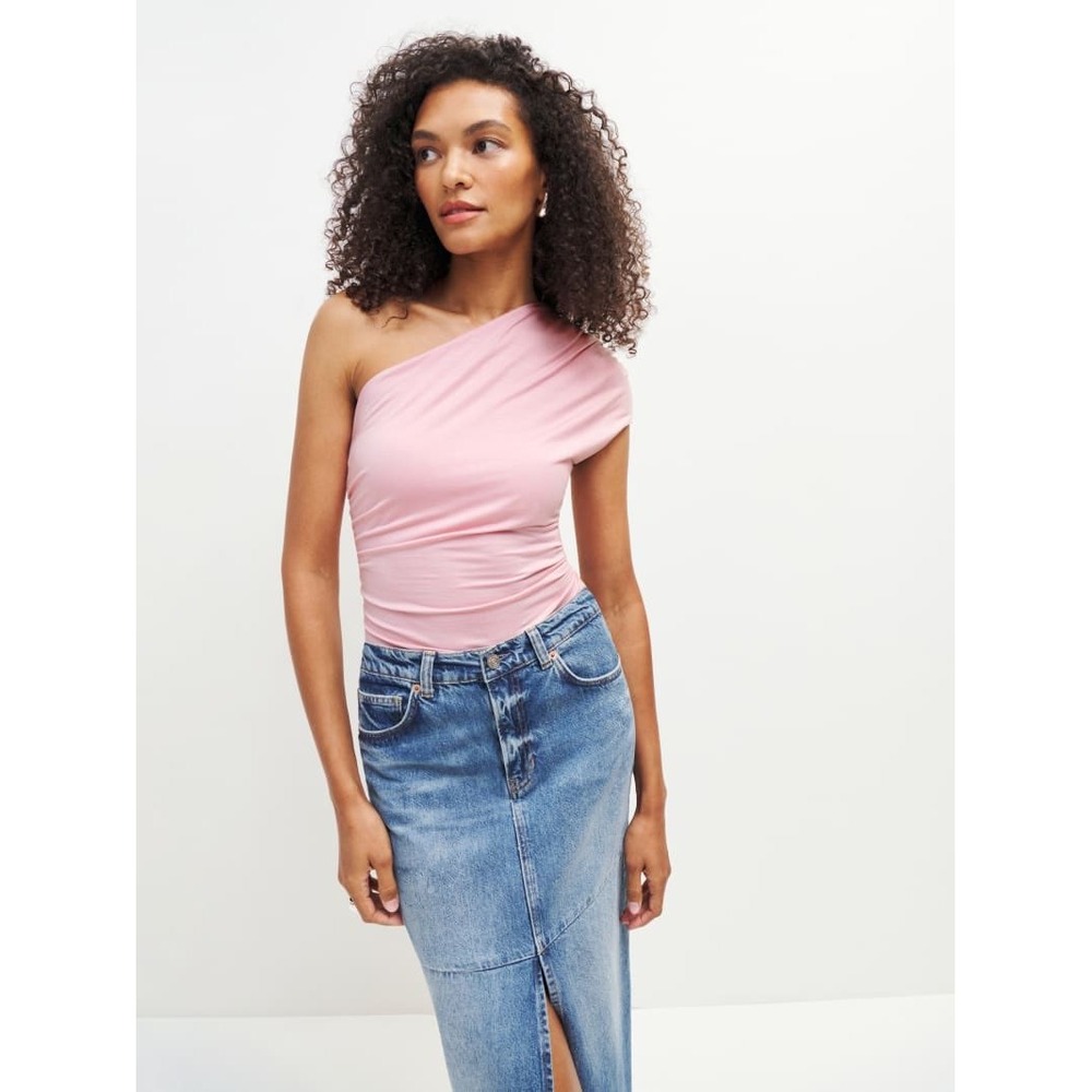 Reformation Francisco One Shoulder Top Small Pink Ruched Asymmetrical Minimalist